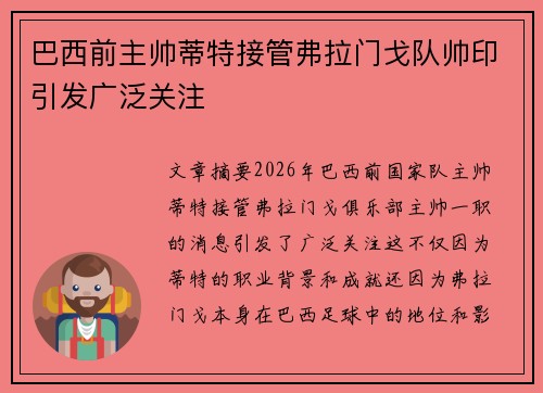 巴西前主帅蒂特接管弗拉门戈队帅印引发广泛关注 巴西前主帅蒂特接管弗拉门戈队帅印引发广泛关注